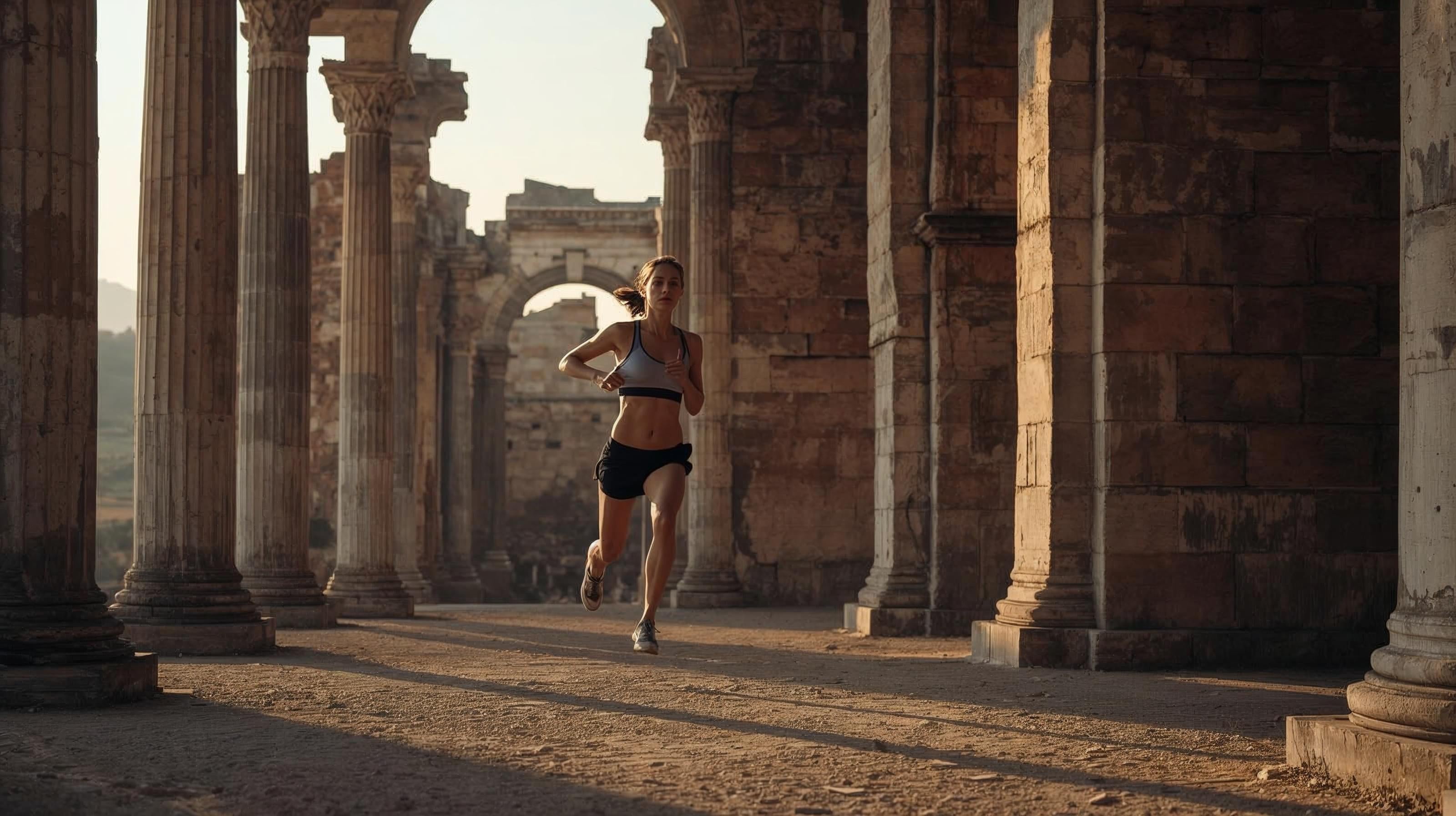 Female runner training through ancient Roman ruins, symbolizing endurance and layered progress supported by runner vitamins, supplements, and multivitamins