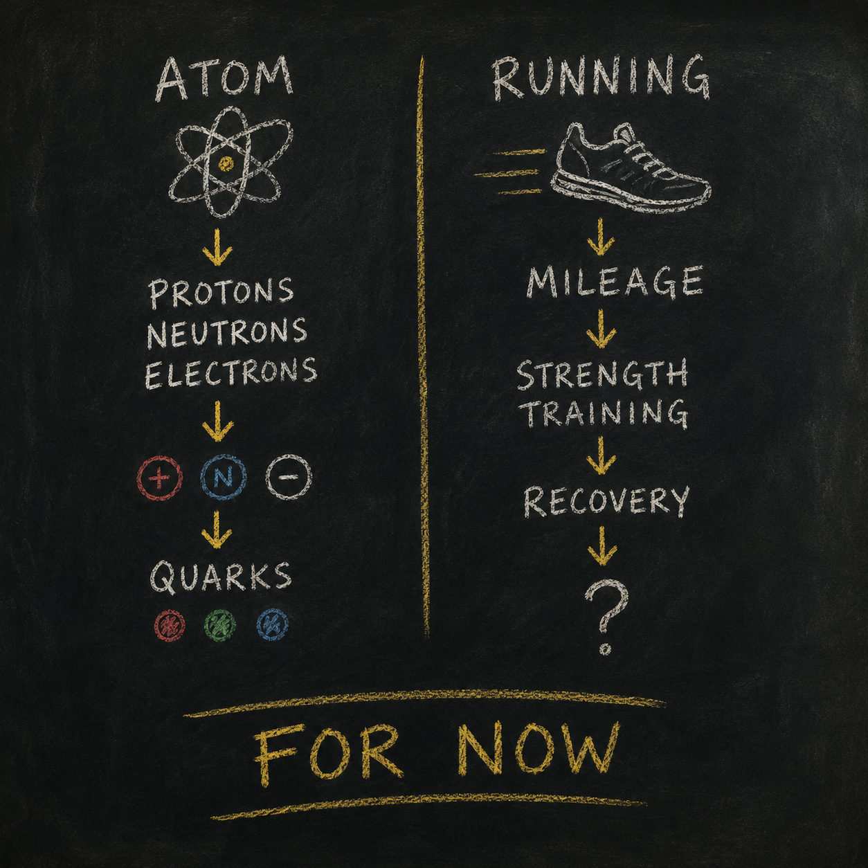 Illustration of atoms, gravity, and running science concepts layered together, representing curiosity, learning, runner vitamins, multivitamins, and runner supplements as part of an evolving understanding of health and performance.