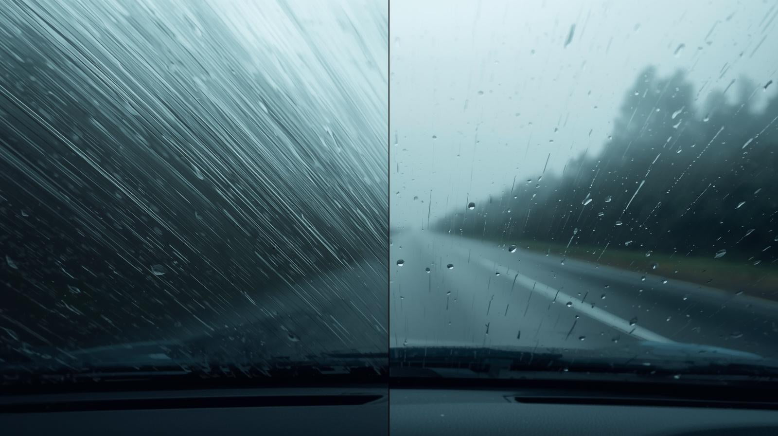 Split windshield in heavy rain showing one side blurry and the other clear with water beading, illustrating invisible performance improvements supported by runner vitamins, supplements, and multivitamins.