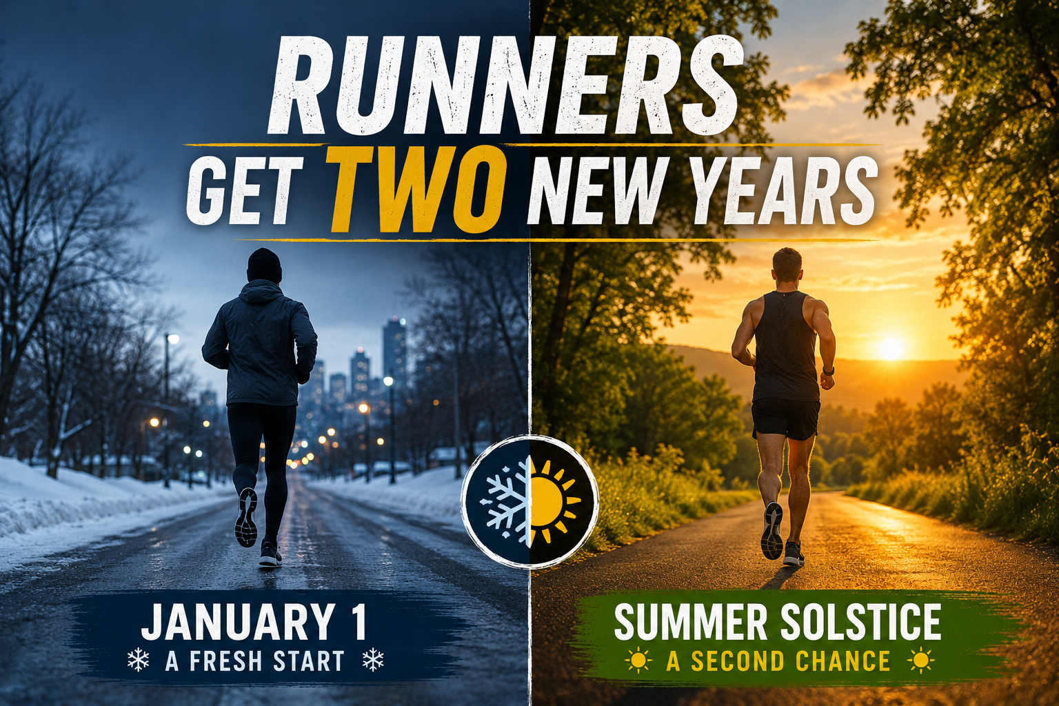 Runner standing on a quiet road at sunrise during the summer solstice, reflecting on upcoming running goals, runner vitamins, multivitamins, and runner supplements as part of a healthy training season.