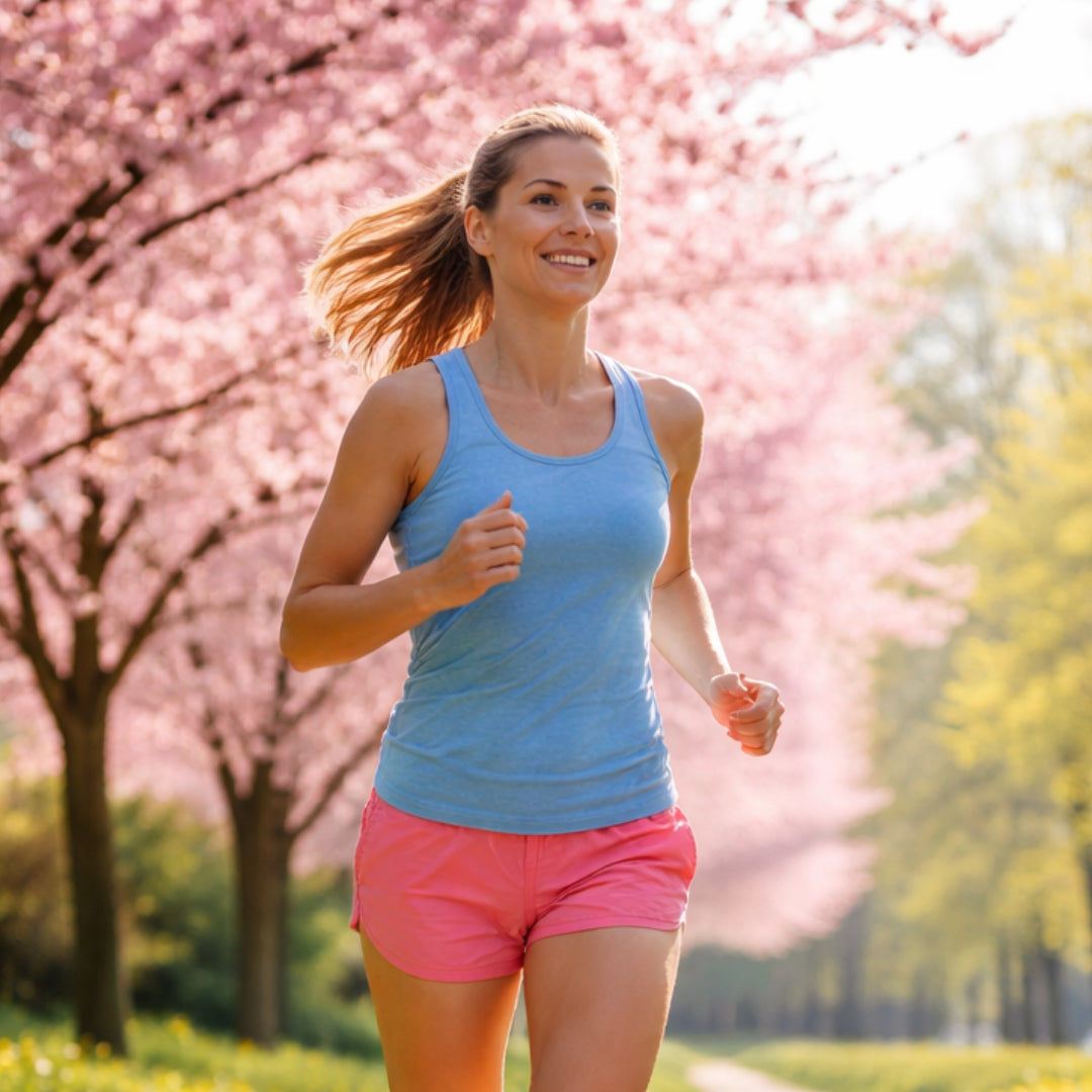 Runner jogging on a sunlit path lined with spring blossoms, capturing the energizing feeling of a spring run.