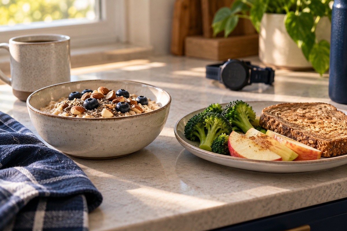 Oatmeal, whole-grain toast, broccoli and apple slices beside a runner’s watch on a sunlit kitchen counter.
