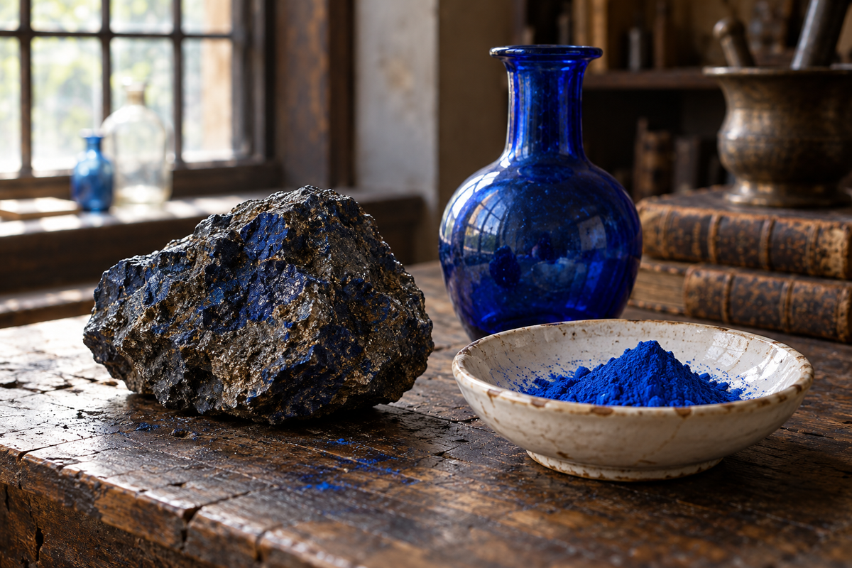 Dark cobalt-bearing ore beside vivid cobalt-blue pigment and an unmarked blue glass vessel on an old chemistry bench