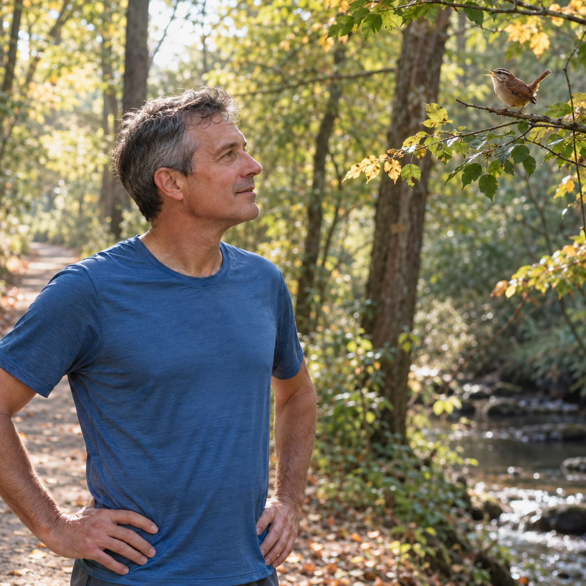 Runner pauses on a wooded trail to listen to a songbird on a nearby branch.