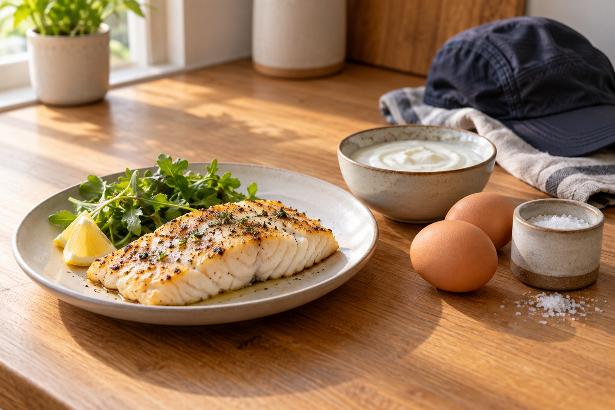 Baked cod, yogurt, eggs, and salt on a kitchen counter beside a runner’s cap