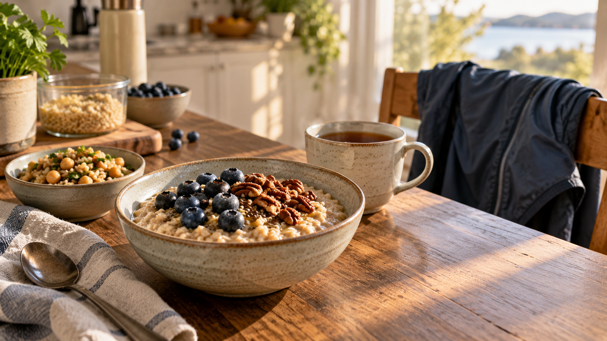 Oatmeal with blueberries and pecans beside chickpeas, brown rice, and tea after an early run