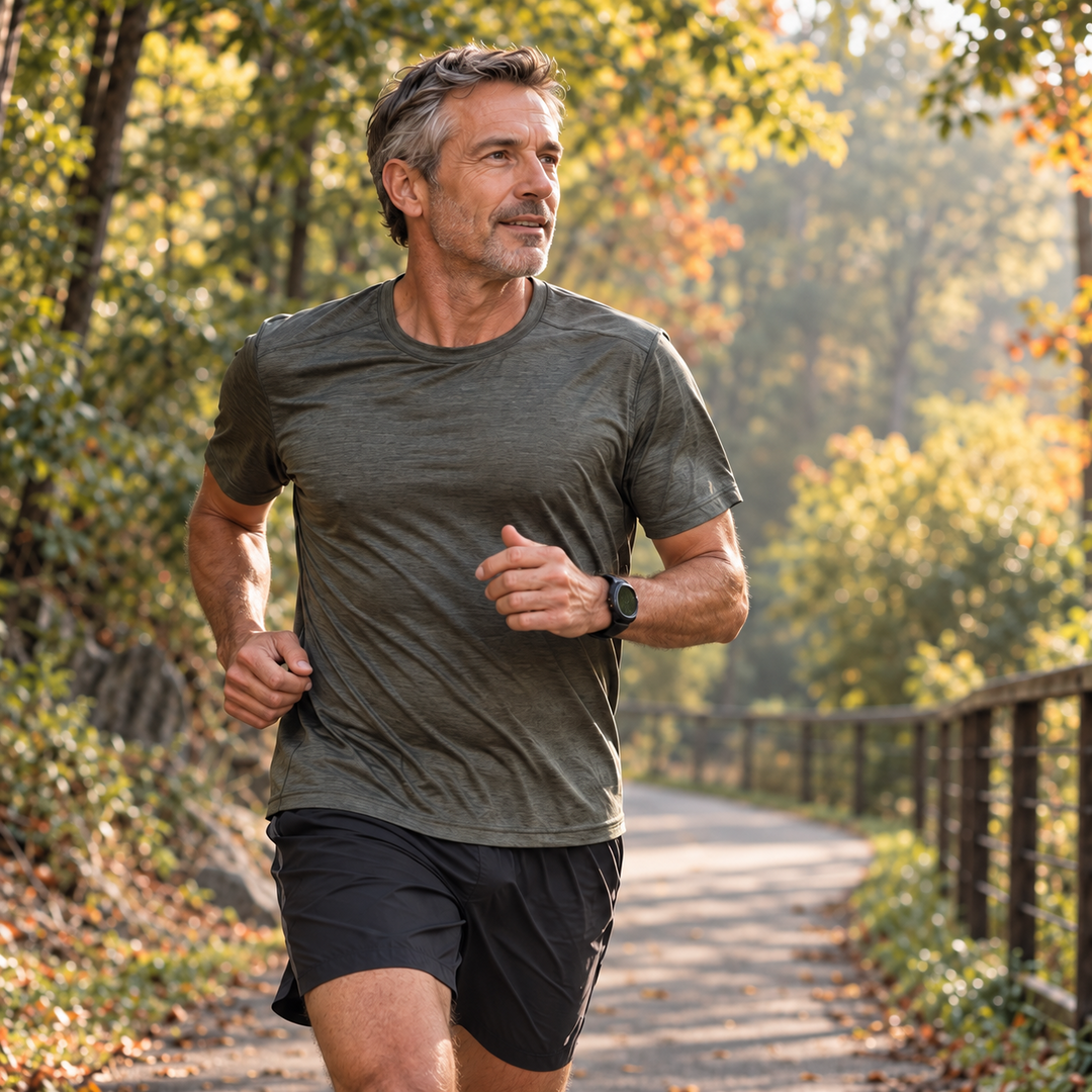 Masters runner training on a tree-lined path