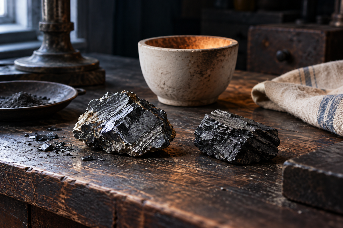 Dark molybdenite and graphite specimens on an old wooden chemistry bench beside a ceramic crucible