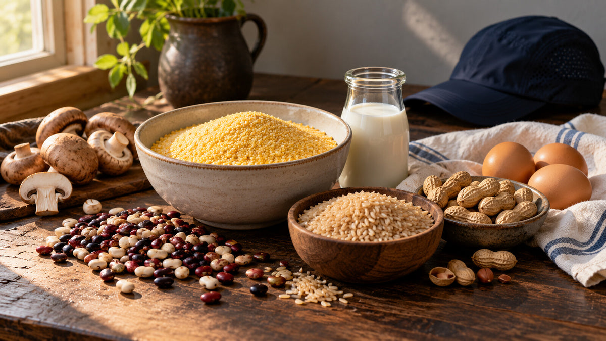 Cornmeal, beans, brown rice, peanuts, eggs, mushrooms, milk, and a navy running cap in morning light