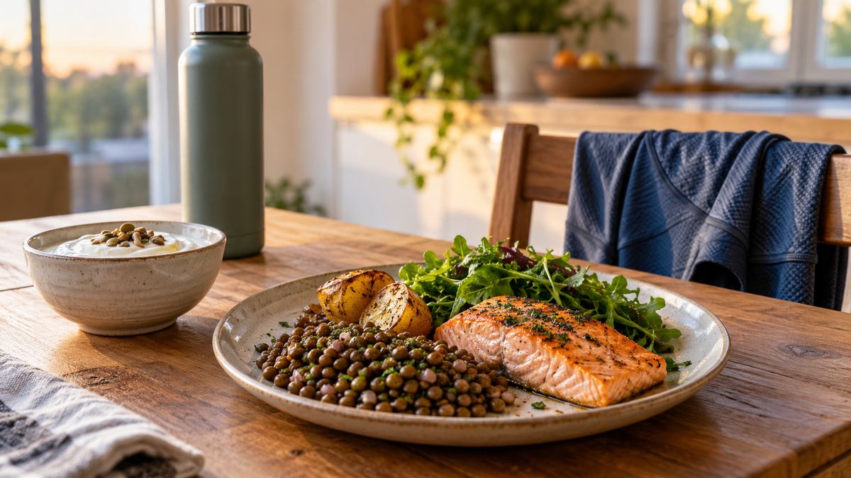 Salmon, lentils, potatoes, greens, and yogurt beside a runner's training top