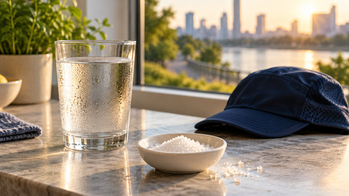 Coarse salt, a glass of water, and a navy running cap beside a sunny urban running route