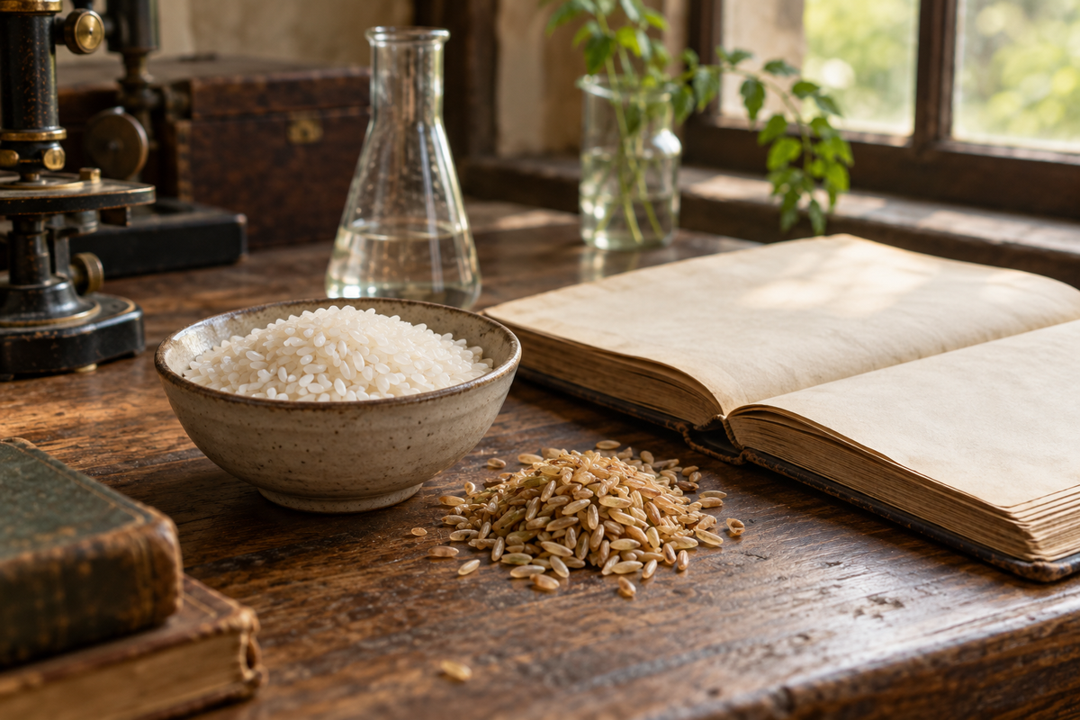 Polished white rice and brown rice beside an open vintage laboratory notebook in warm window light