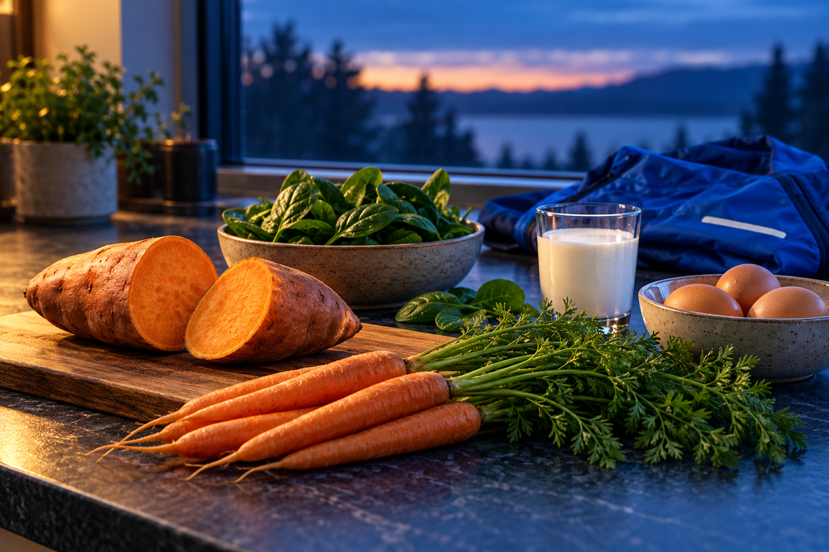 Sweet potatoes, carrots, spinach, eggs and milk beside a blue running jacket at dawn