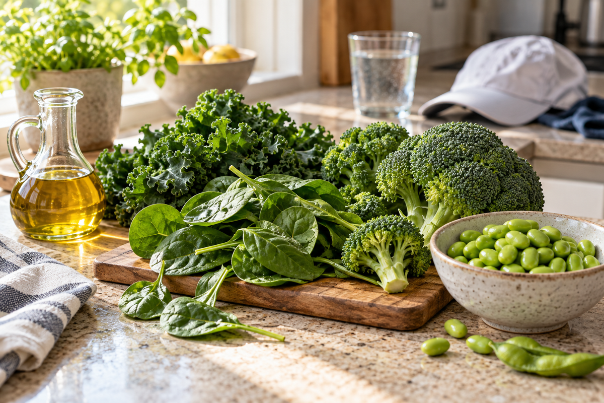 Kale, spinach, broccoli, edamame, and olive oil arranged in a sunlit kitchen beside a running cap