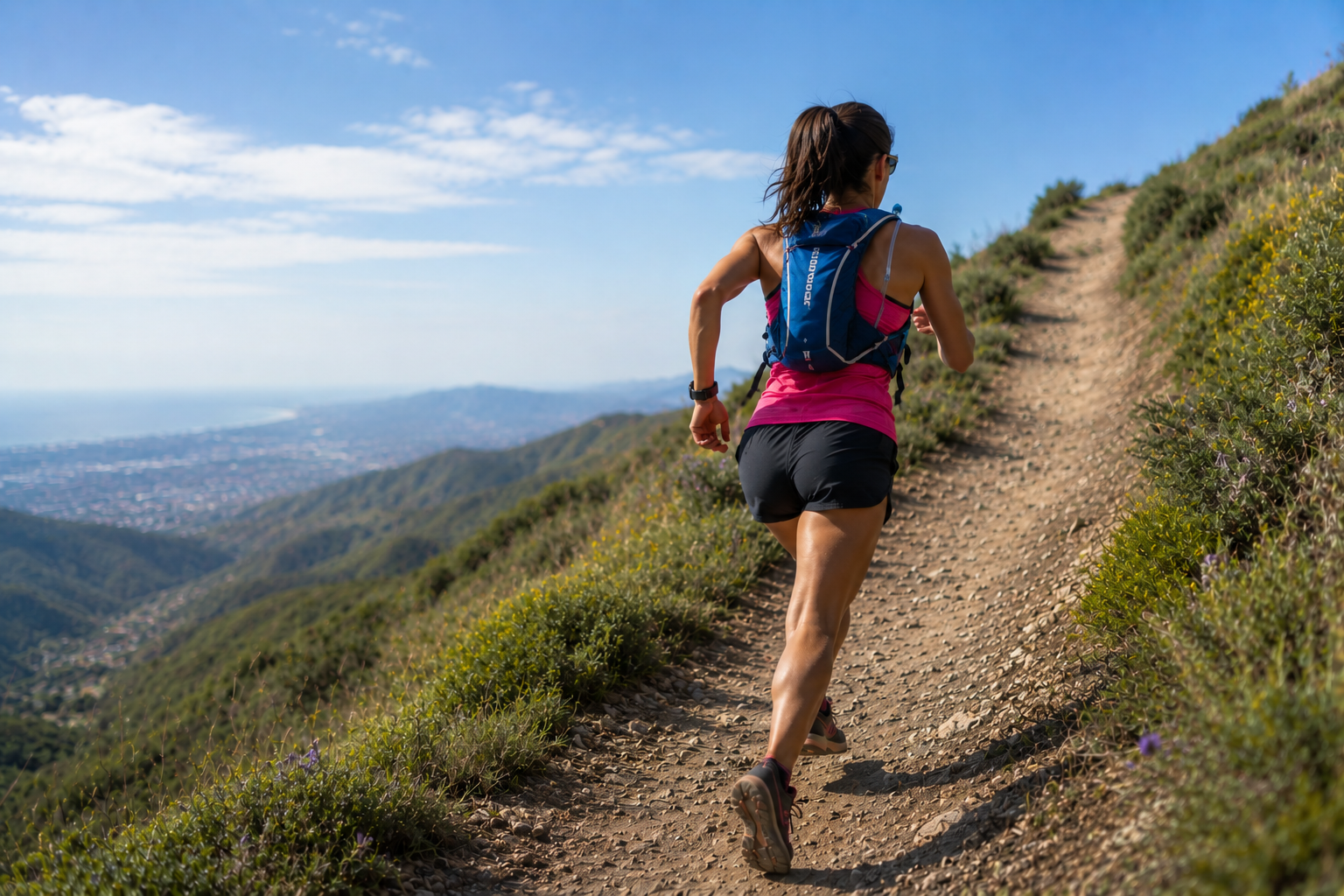 Woman trail running after taking Peregrune Runner vitamin, Peregrune Runner Multivitamin, and Peregrune Runner Supplements
